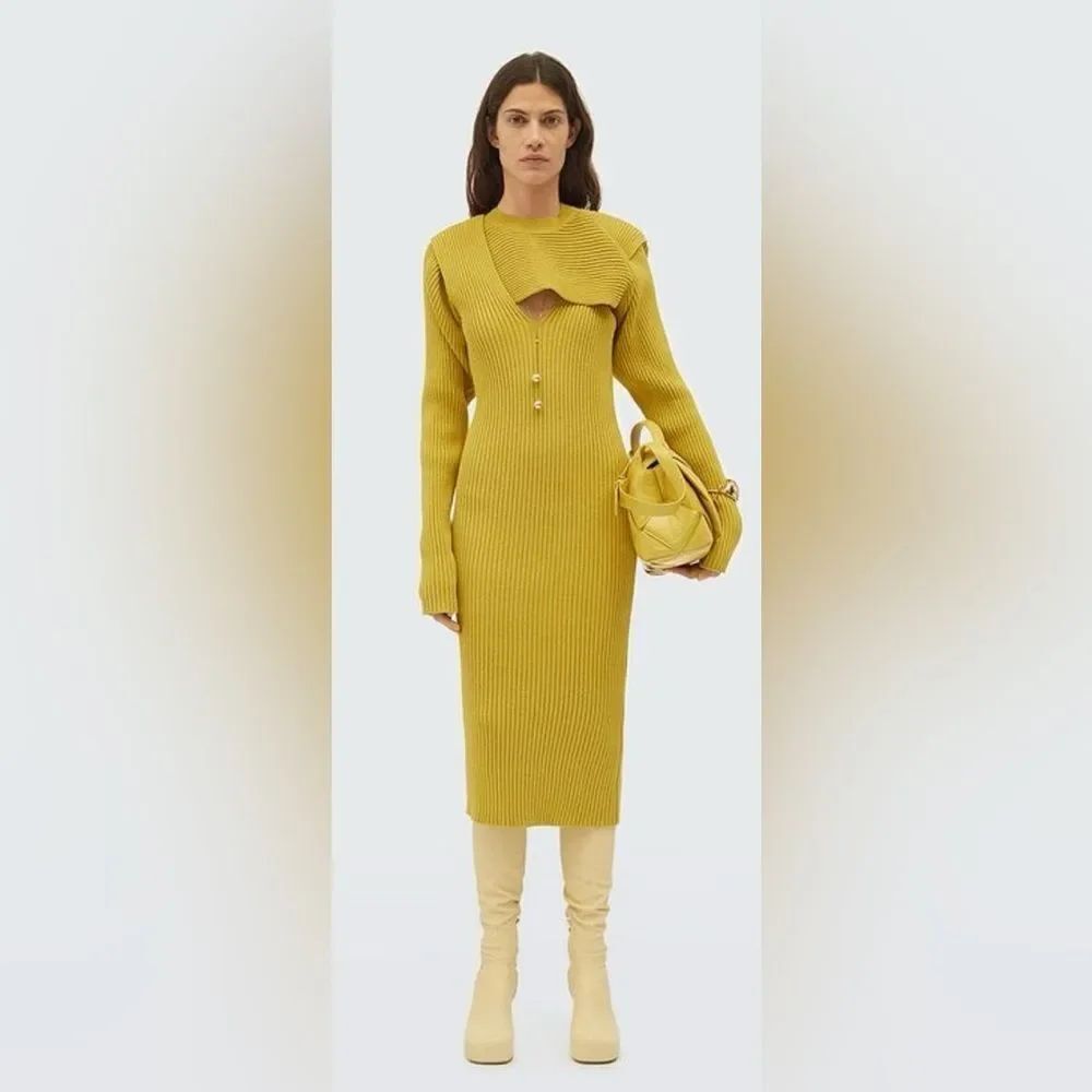 NWT Bottega Veneta Mustard Long Sleeve knit ribbed cut out Dress, S